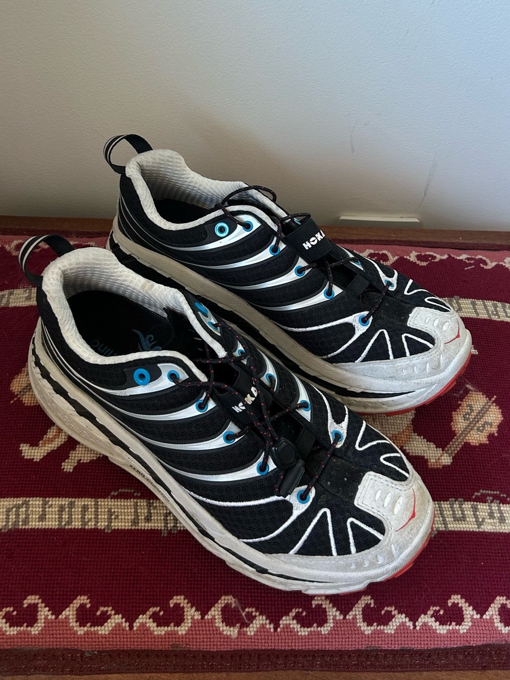 Hoka One One Stinson Evo- Black White Sneakers with Blue Accents